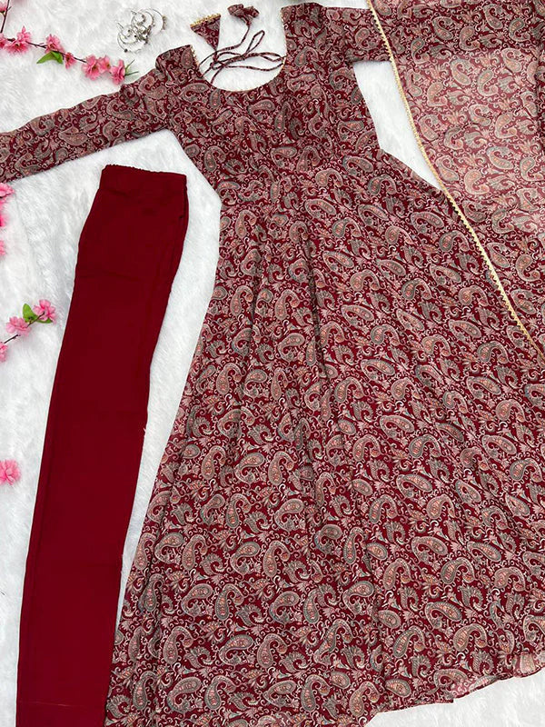 Maroon Fulwari Organza Printed Anarkali Kurti With Pant & Dupatta Set