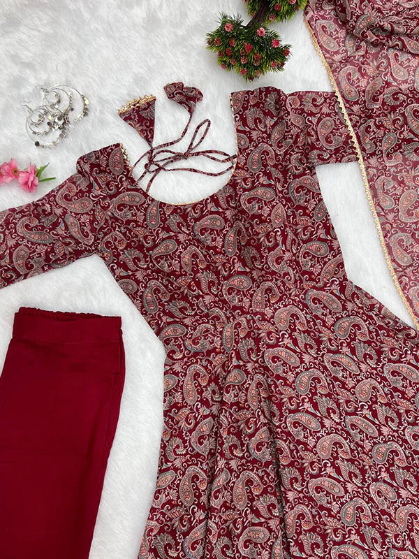 Maroon Fulwari Organza Printed Anarkali Kurti With Pant & Dupatta Set