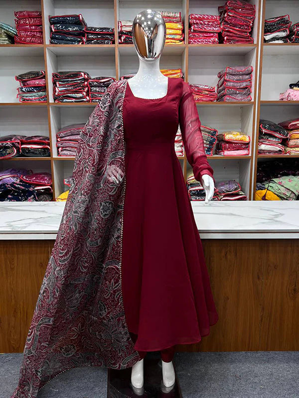 Maroon Georgette Anarkali Kurti With Pant & Dupatta Set