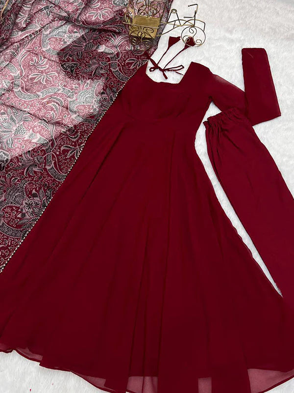 Maroon Georgette Anarkali Kurti With Pant & Dupatta Set