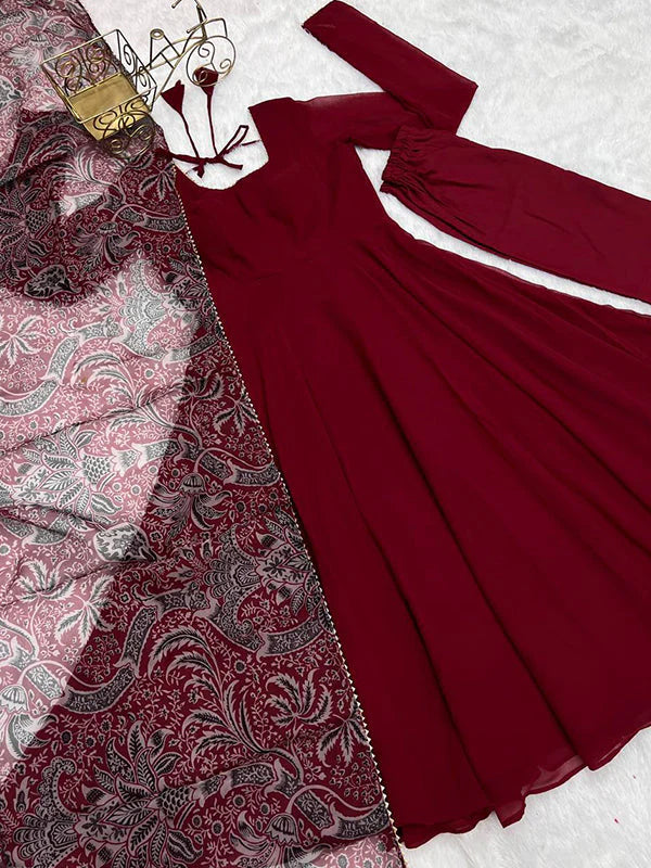 Maroon Georgette Anarkali Kurti With Pant & Dupatta Set