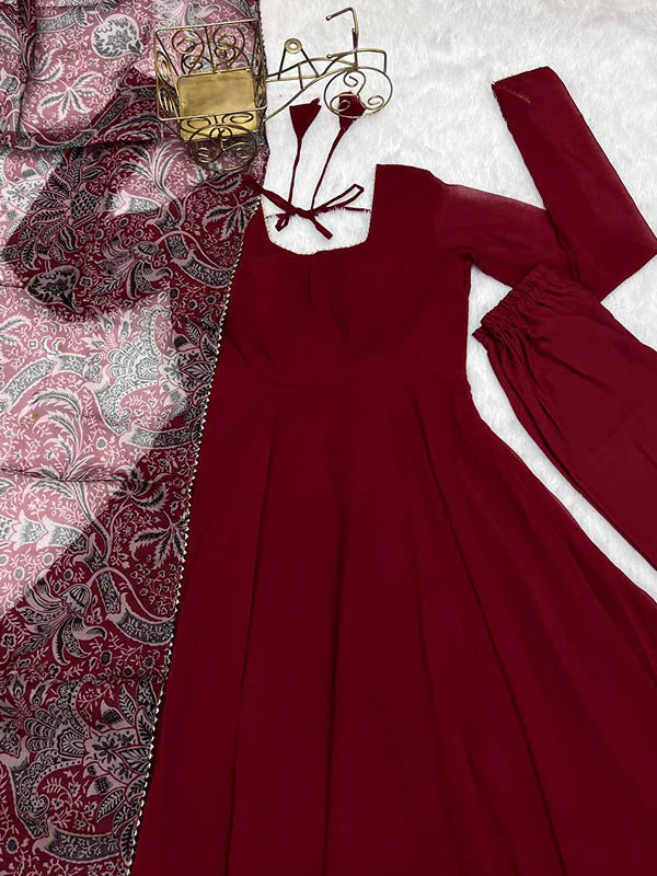 Maroon Georgette Anarkali Kurti With Pant & Dupatta Set