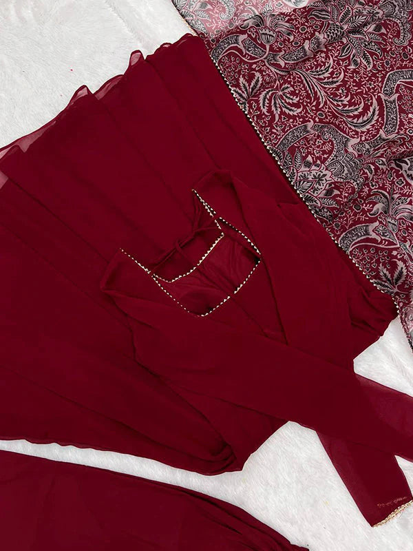 Maroon Georgette Anarkali Kurti With Pant & Dupatta Set