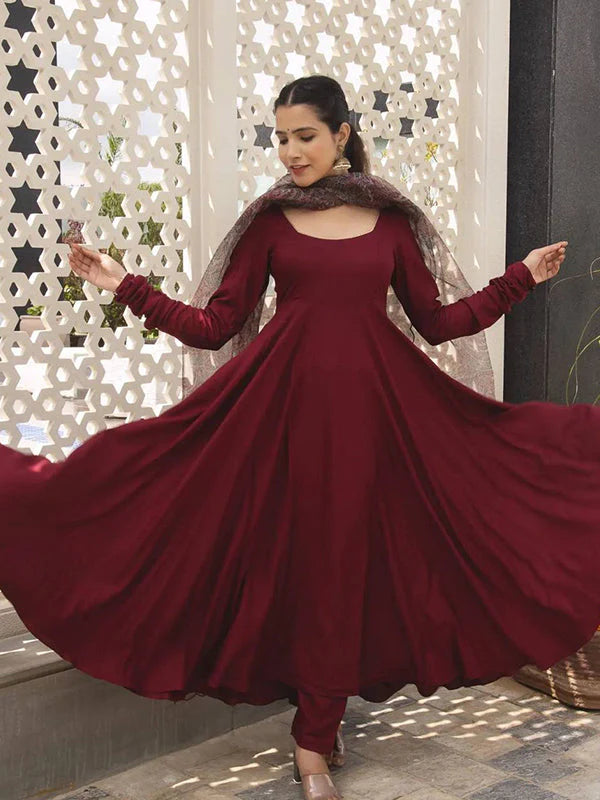 Maroon Georgette Anarkali Kurti With Pant & Dupatta Set