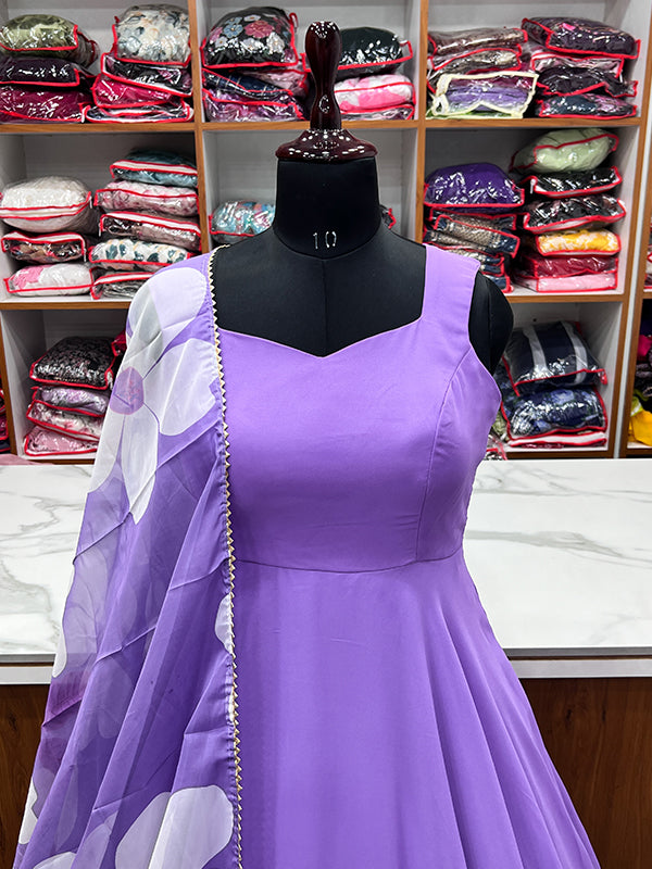 Lavender Georgette Plain Gown With Printed Dupatta Set