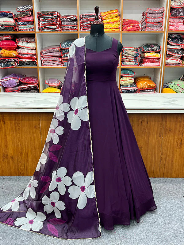 Purple Georgette Plain Gown With Printed Dupatta Set