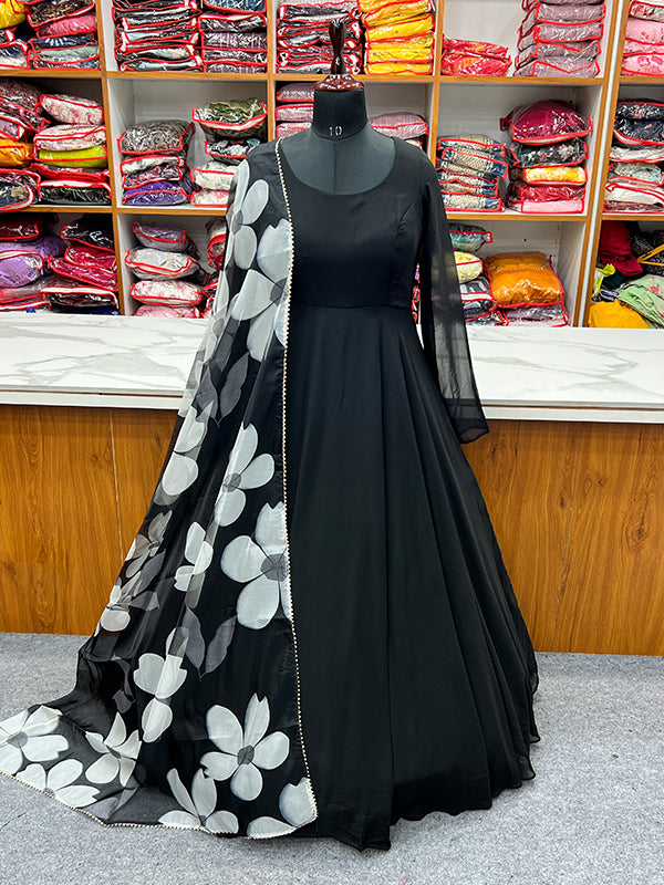 Black Georgette Plain Gown With Printed Dupatta Set