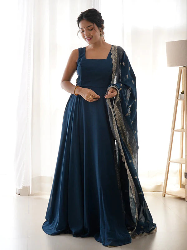 Rama Blue Anarkali Georgette Gown With Golden Dupatta Set