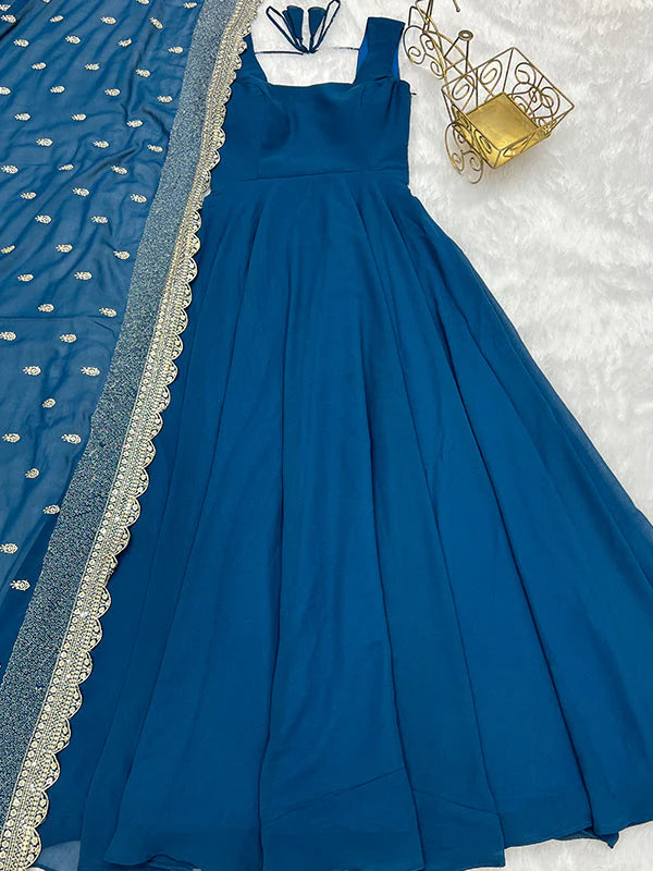 Rama Blue Anarkali Georgette Gown With Golden Dupatta Set