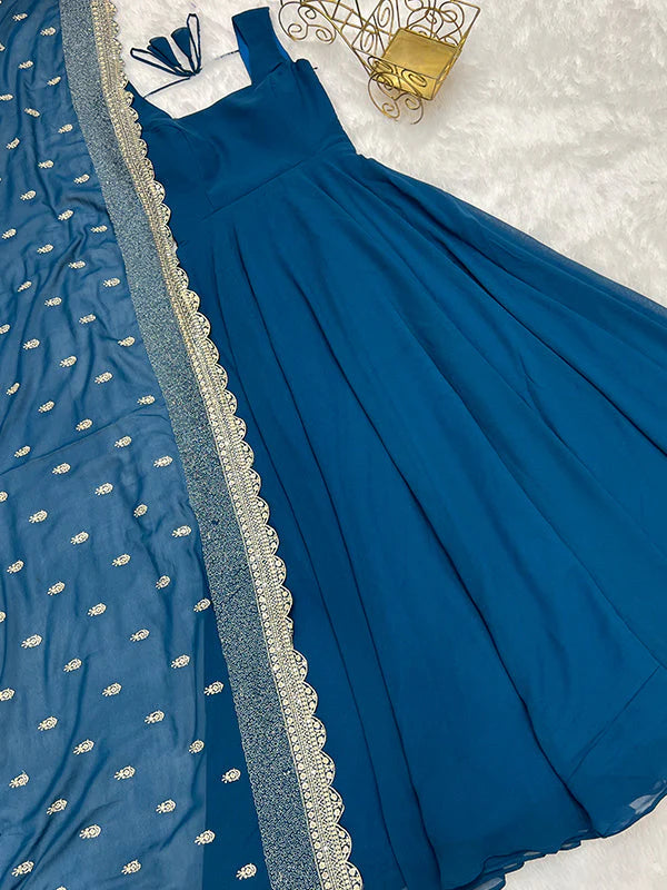Rama Blue Anarkali Georgette Gown With Golden Dupatta Set
