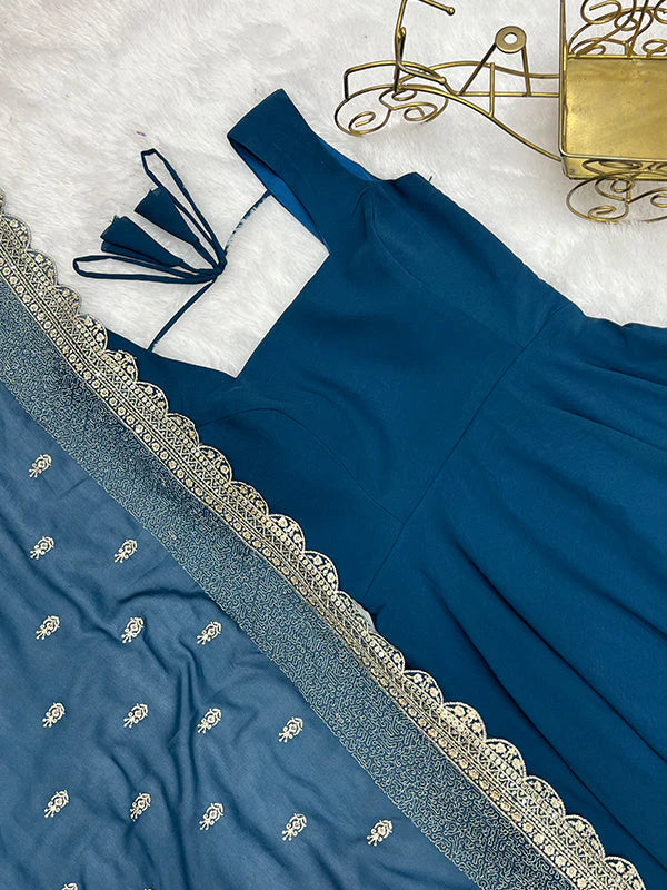 Rama Blue Anarkali Georgette Gown With Golden Dupatta Set