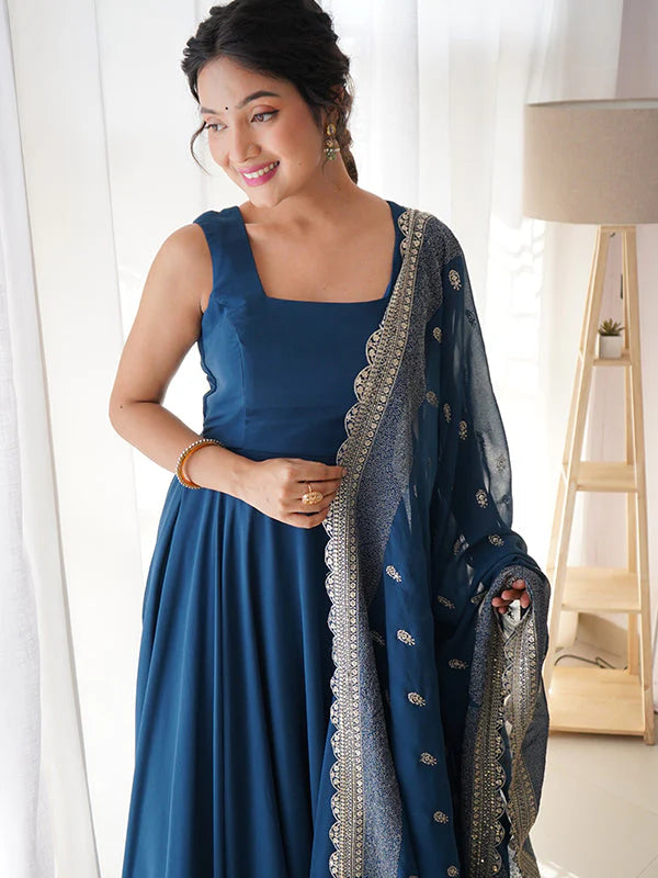 Rama Blue Anarkali Georgette Gown With Golden Dupatta Set
