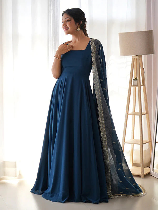 Rama Blue Anarkali Georgette Gown With Golden Dupatta Set