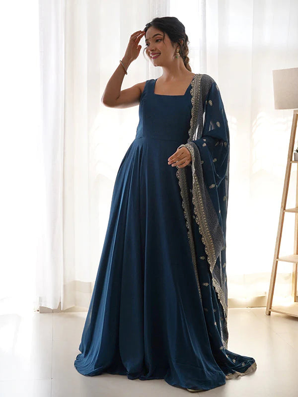 Rama Blue Anarkali Georgette Gown With Golden Dupatta Set