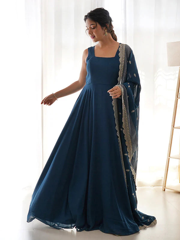 Rama Blue Anarkali Georgette Gown With Golden Dupatta Set