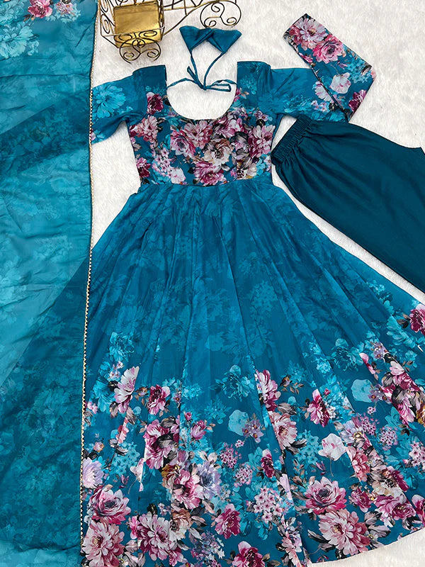 Blue Flower Printed Anarkali Kurti With Pant & Dupatta Set