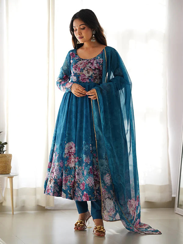 Blue Flower Printed Anarkali Kurti With Pant & Dupatta Set