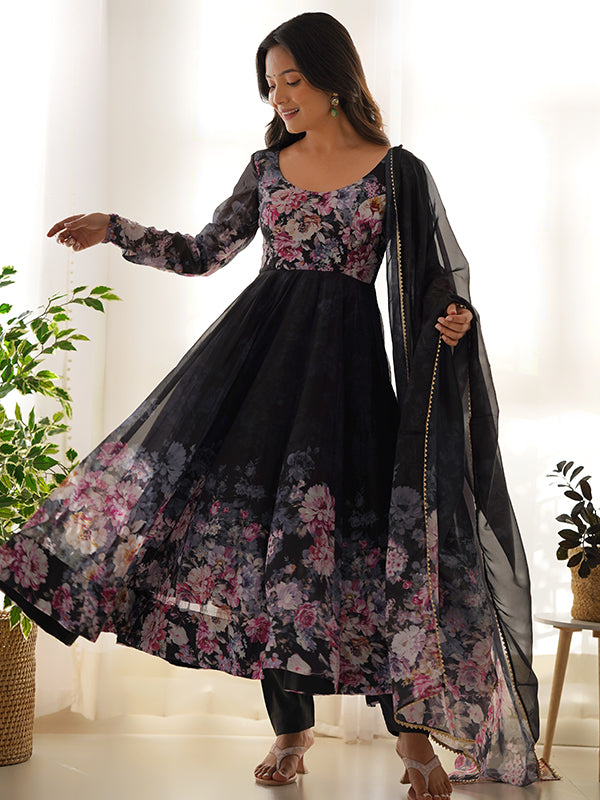 Black Flower Printed Anarkali Kurti With Pant & Dupatta Set