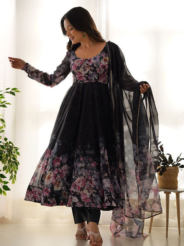 Black Flower Printed Anarkali Kurti With Pant & Dupatta Set