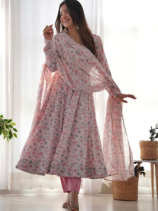 Pink Fulwari Organza Printed Anarkali Kurti With Pant & Dupatta Set