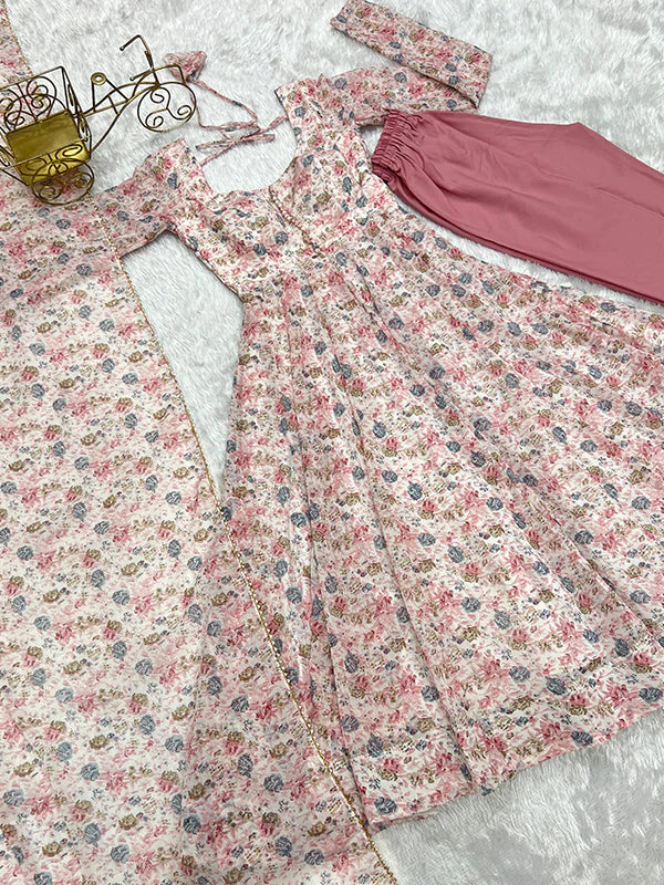 Pink Fulwari Organza Printed Anarkali Kurti With Pant & Dupatta Set