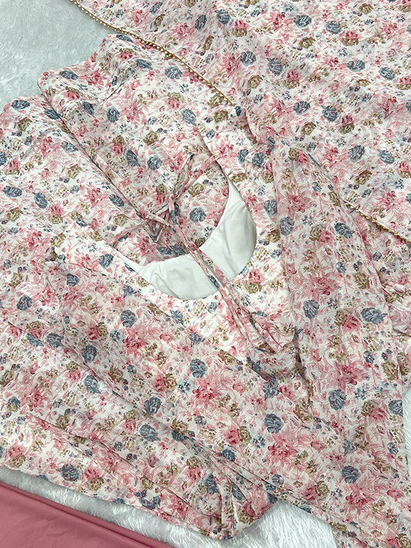 Pink Fulwari Organza Printed Anarkali Kurti With Pant & Dupatta Set