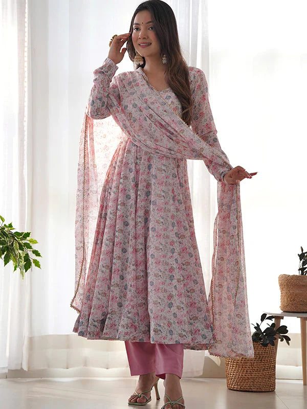 Pink Fulwari Organza Printed Anarkali Kurti With Pant & Dupatta Set