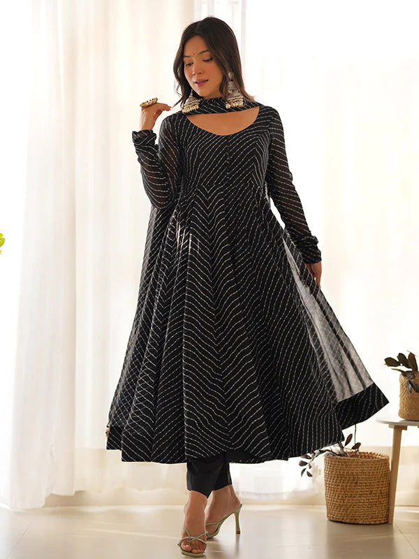 Black Lining Printed Anarkali Kurti With Pant & Dupatta Set