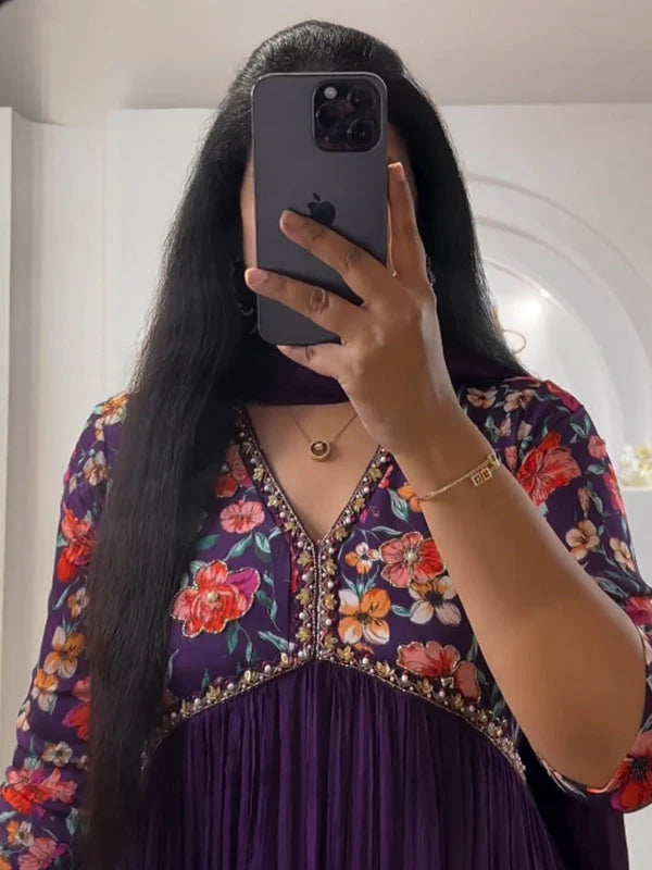 Dark Purple Muslin Floral Alia Cut Printed Suit Set