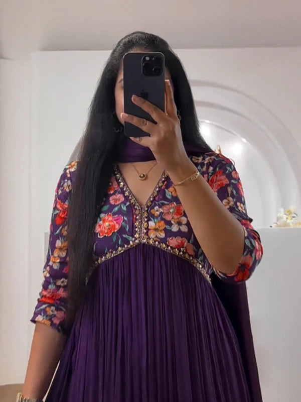 Dark Purple Muslin Floral Alia Cut Printed Suit Set