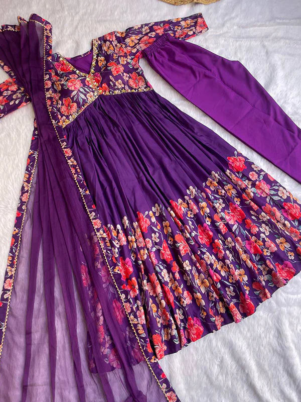 Dark Purple Muslin Floral Alia Cut Printed Suit Set