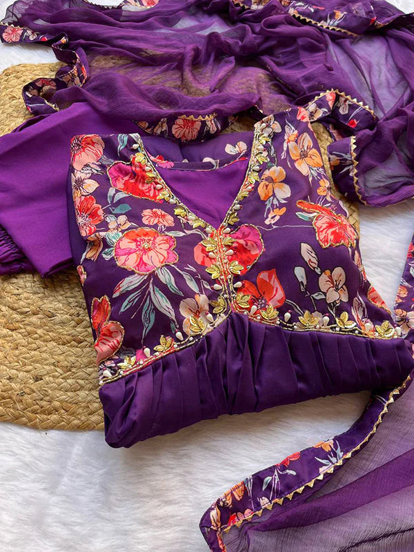 Dark Purple Muslin Floral Alia Cut Printed Suit Set