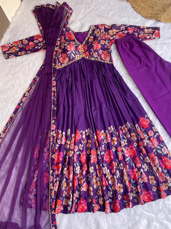 Dark Purple Muslin Floral Alia Cut Printed Suit Set