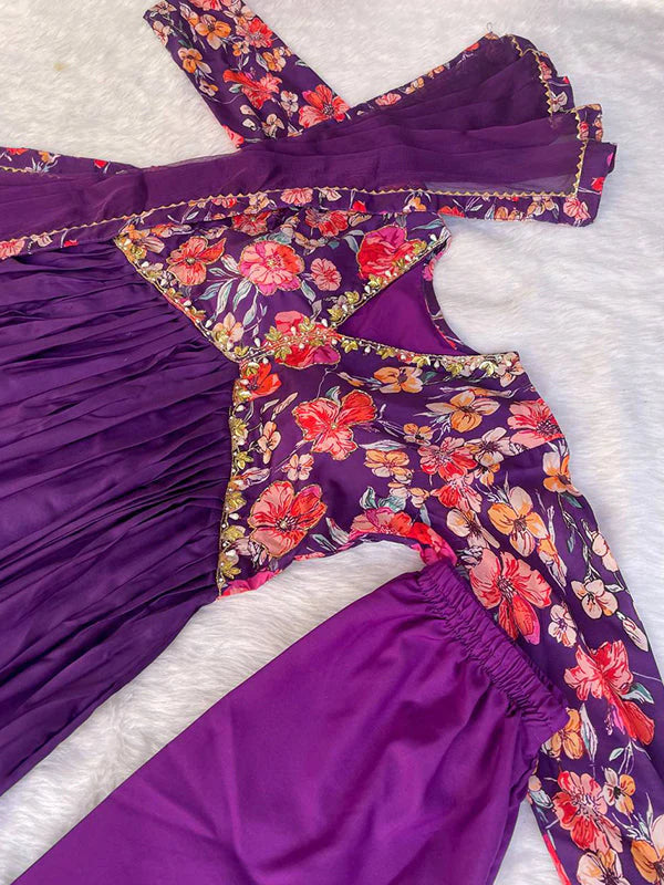 Dark Purple Muslin Floral Alia Cut Printed Suit Set