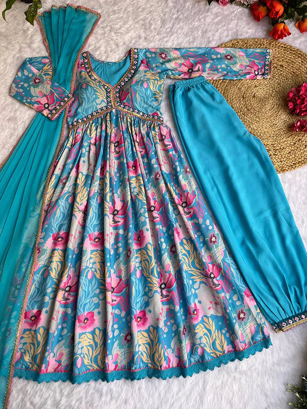 Sky Muslin Floral Alia Cut Printed Suit Set