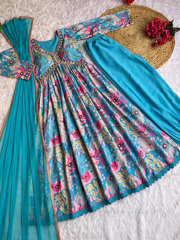Sky Muslin Floral Alia Cut Printed Suit Set