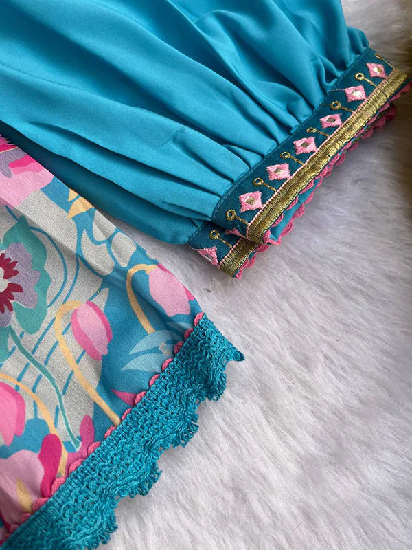 Sky Muslin Floral Alia Cut Printed Suit Set