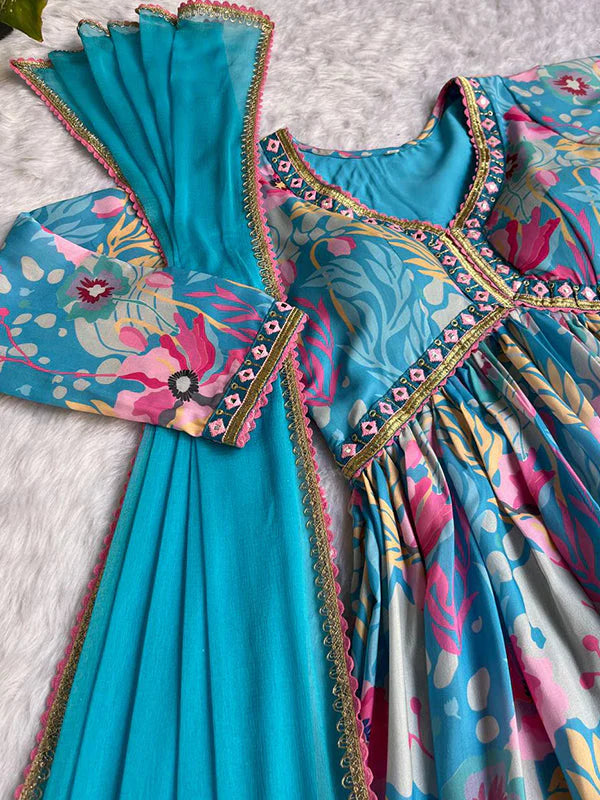 Sky Muslin Floral Alia Cut Printed Suit Set