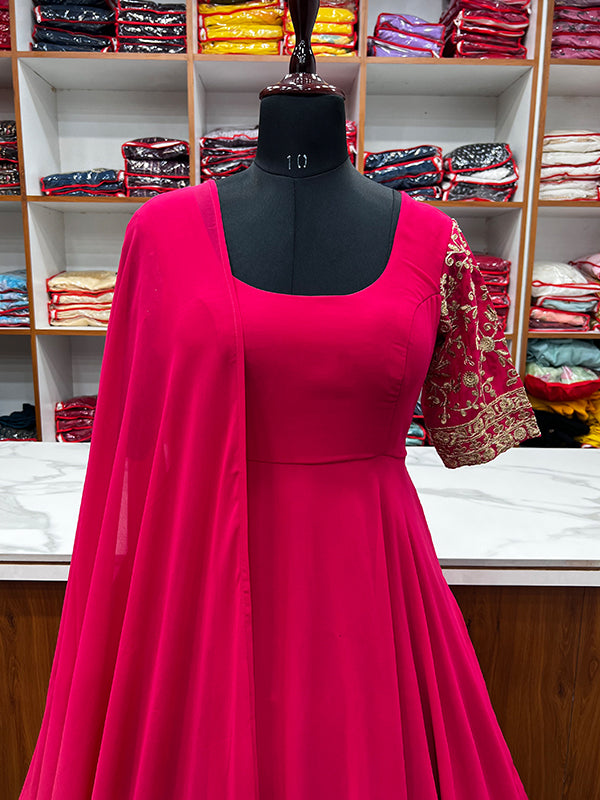 Rani Pink Jari Work Anarkali Gown With Dupatta Set