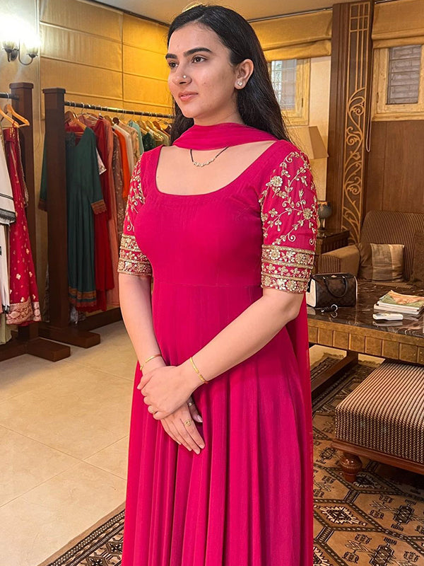 Rani Pink Jari Work Anarkali Gown With Dupatta Set