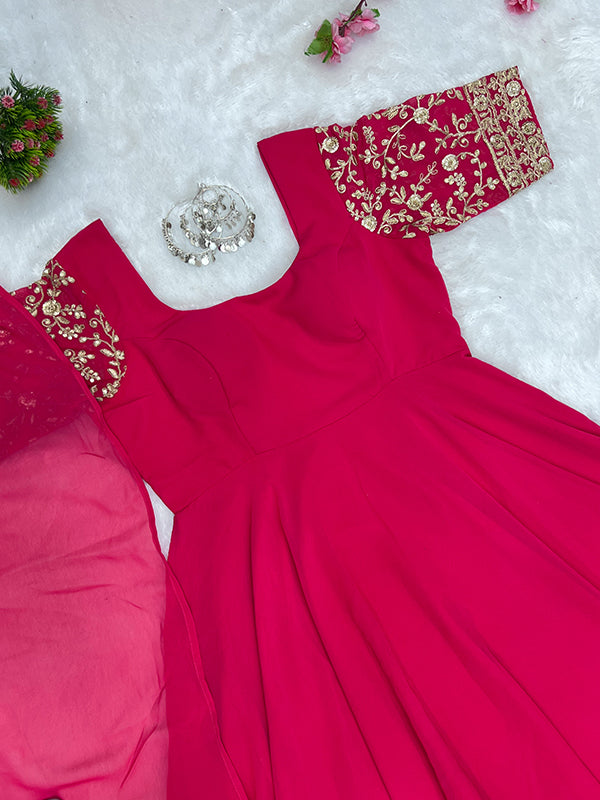 Rani Pink Jari Work Anarkali Gown With Dupatta Set