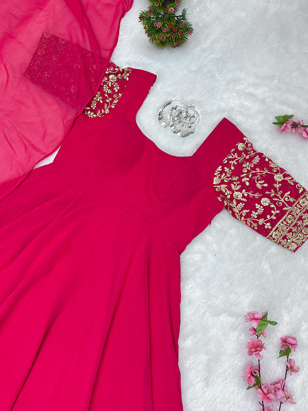 Rani Pink Jari Work Anarkali Gown With Dupatta Set