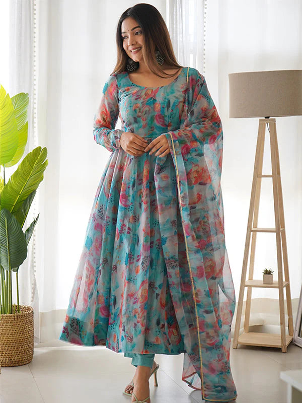 Sky Stains Organza Printed Anarkali Gown With Pant & Dupatta Set