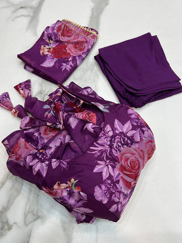 Purple Organza Printed Anarkali Gown With Pant & Dupatta Set
