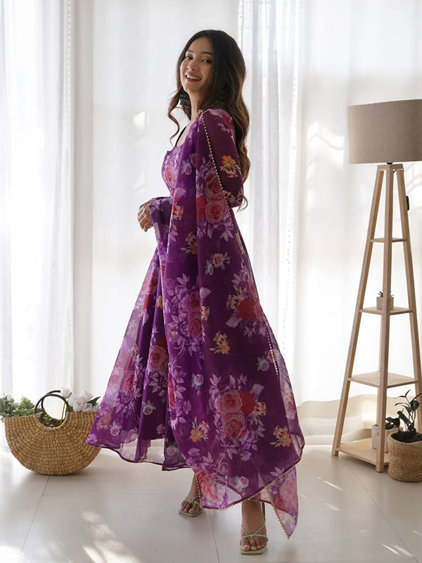 Purple Organza Printed Anarkali Gown With Pant & Dupatta Set