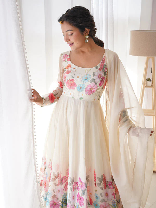 Cream Flower Printed Anarkali Gown With Pant & Dupatta Set