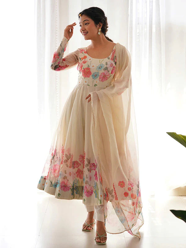 Cream Flower Printed Anarkali Gown With Pant & Dupatta Set