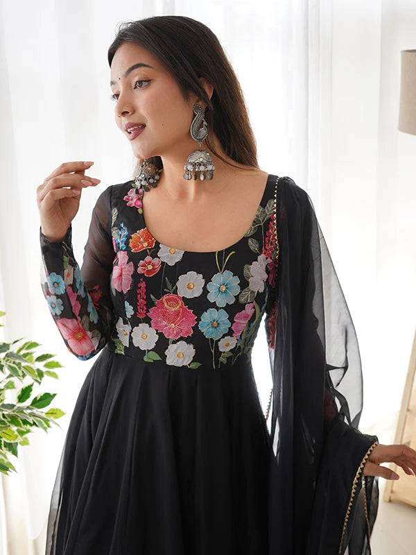 Flower Black Printed Anarkali Gown With Pant & Dupatta Set