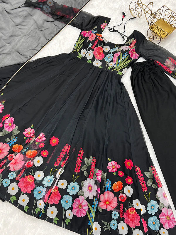 Flower Black Printed Anarkali Gown With Pant & Dupatta Set