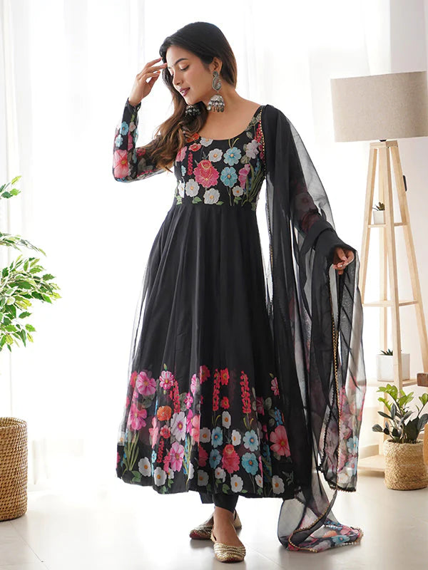 Flower Black Printed Anarkali Gown With Pant & Dupatta Set